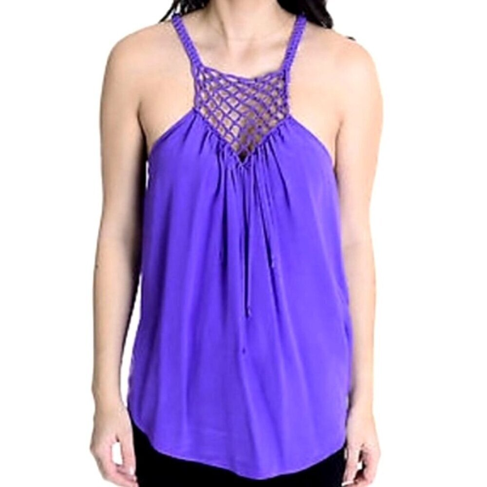 Rebecca Taylor Shirt Women Size 4 Purple Silk Braided Trim Fringe‎ Tank Camisole